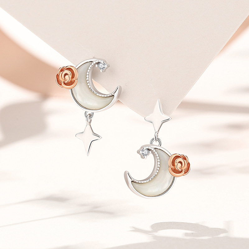 Original Moonlight Rose Flower Earrings for Women, Pure Silver, Unique Design, Dreamy Star and Moon Mother-of-Pearl Earrings, Fashionable Light Luxury Ear Accessories