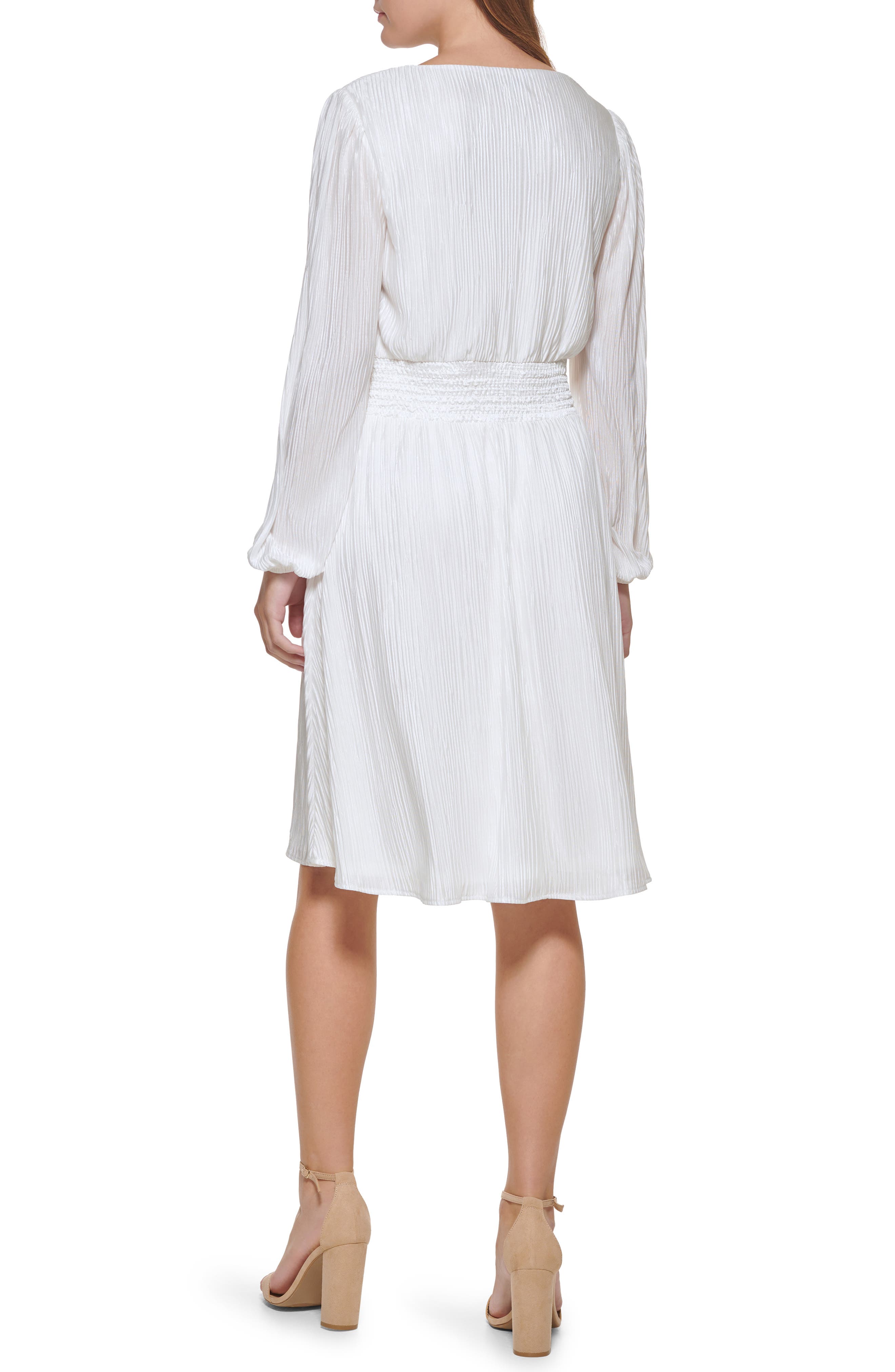 Kensie Pleated V-Neck Long Sleeve A-Line Dress