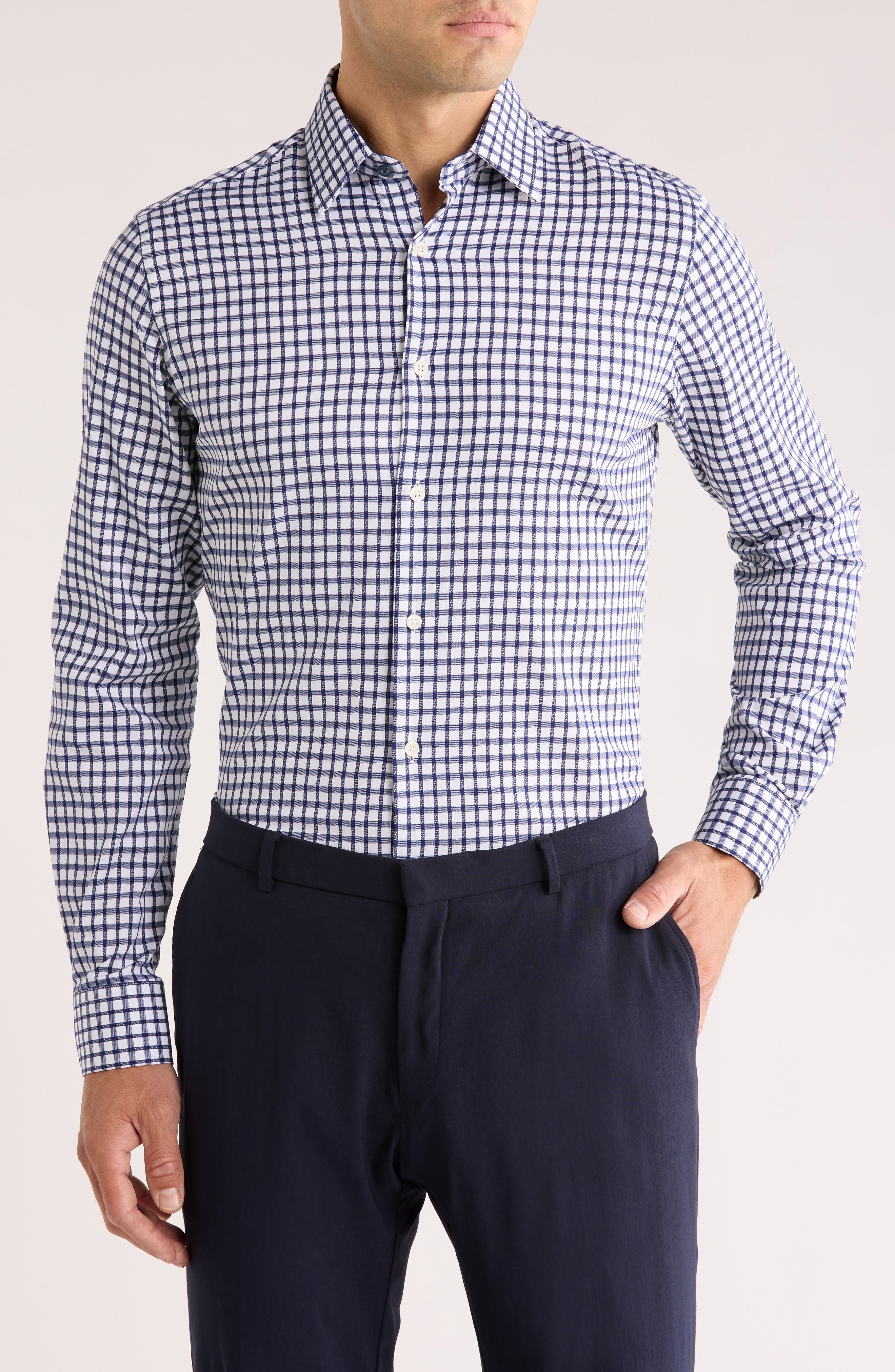 Duchamp Tailored Fit Check Stretch Cotton Dress Shirt