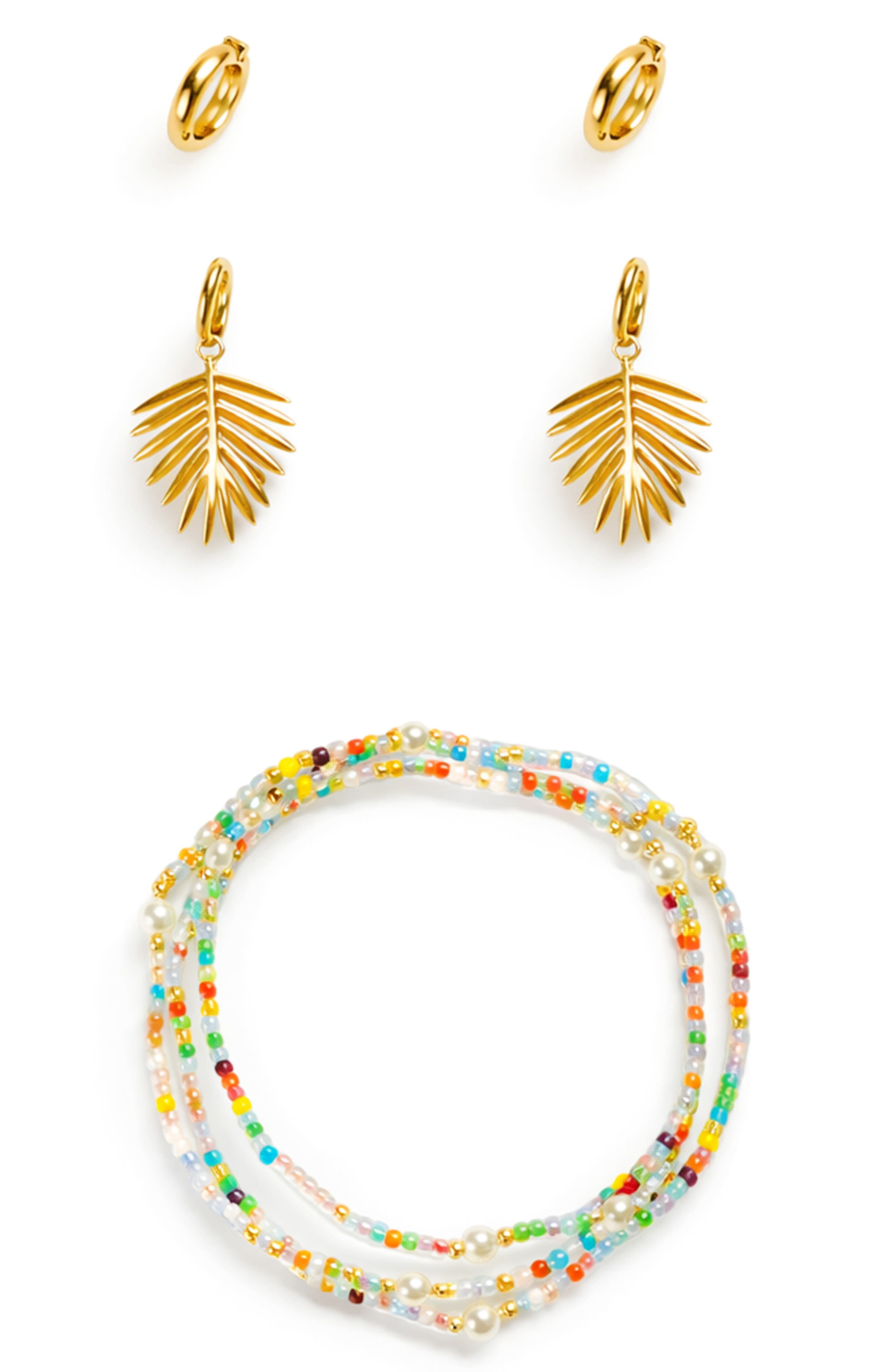 Panacea Palm Leaf Stud, Huggie Hoop Earrings & Beaded Stretch Bracelets Set