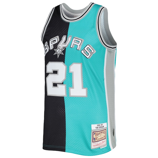 Tim Duncan San Antonio Spurs Hardwood Classics 1998/99 Split Swingman Jersey - Black/Teal