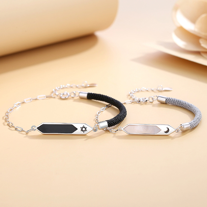 Korean-style original Sun and Moon couple bracelets, made of pure silver S925, featuring a unique and minimalist design with mother-of-pearl woven cords, sold as a pair