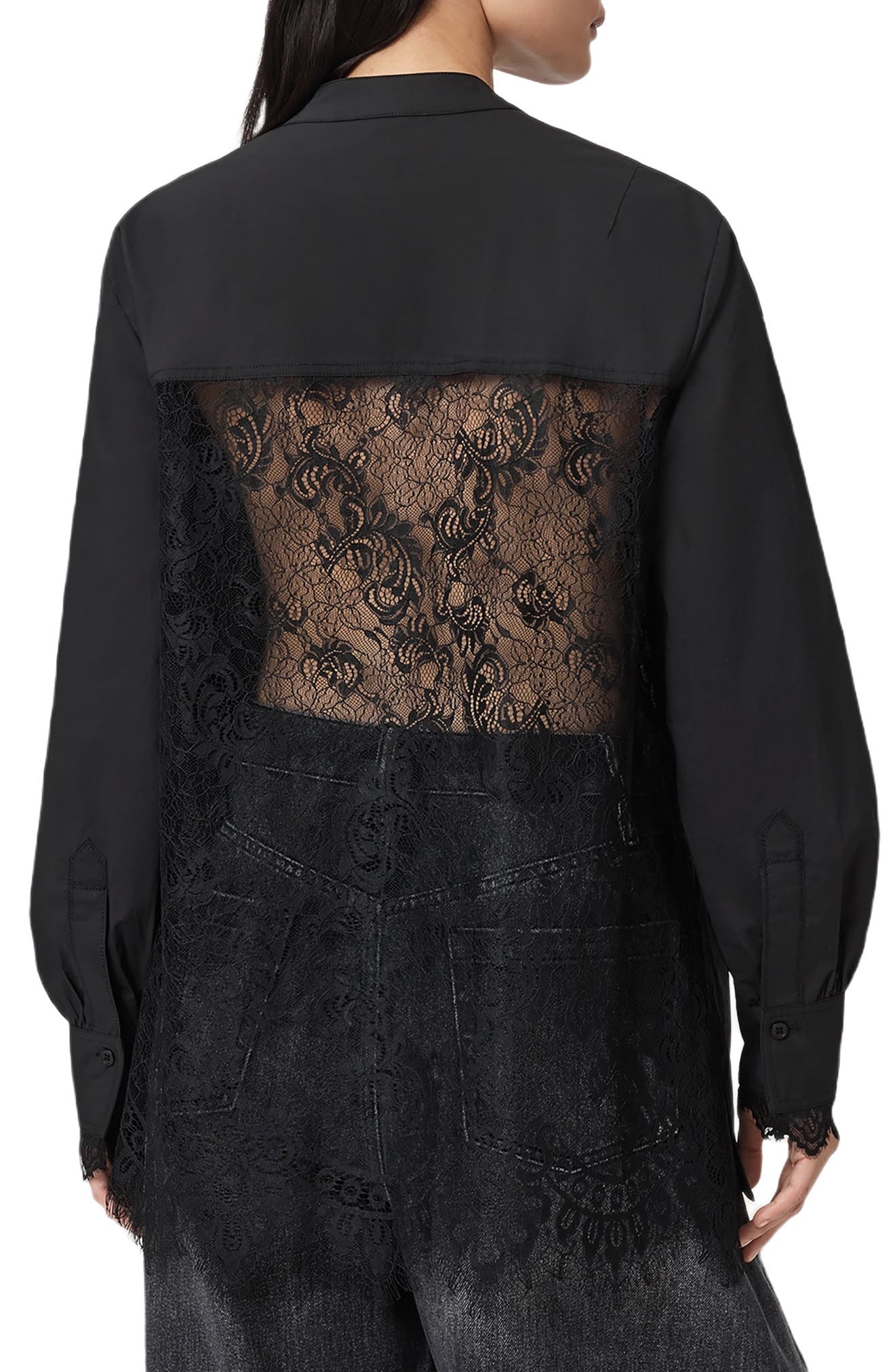 AllSaints Ethel Lace Trim Long Sleeve Woven Shirt