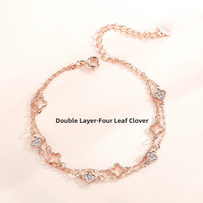 Four-leaf clover bracelet for women, sterling silver, forest-themed, double-layer design, minimalist and elegant, Instagram-style jewelry, Valentine's Day gift