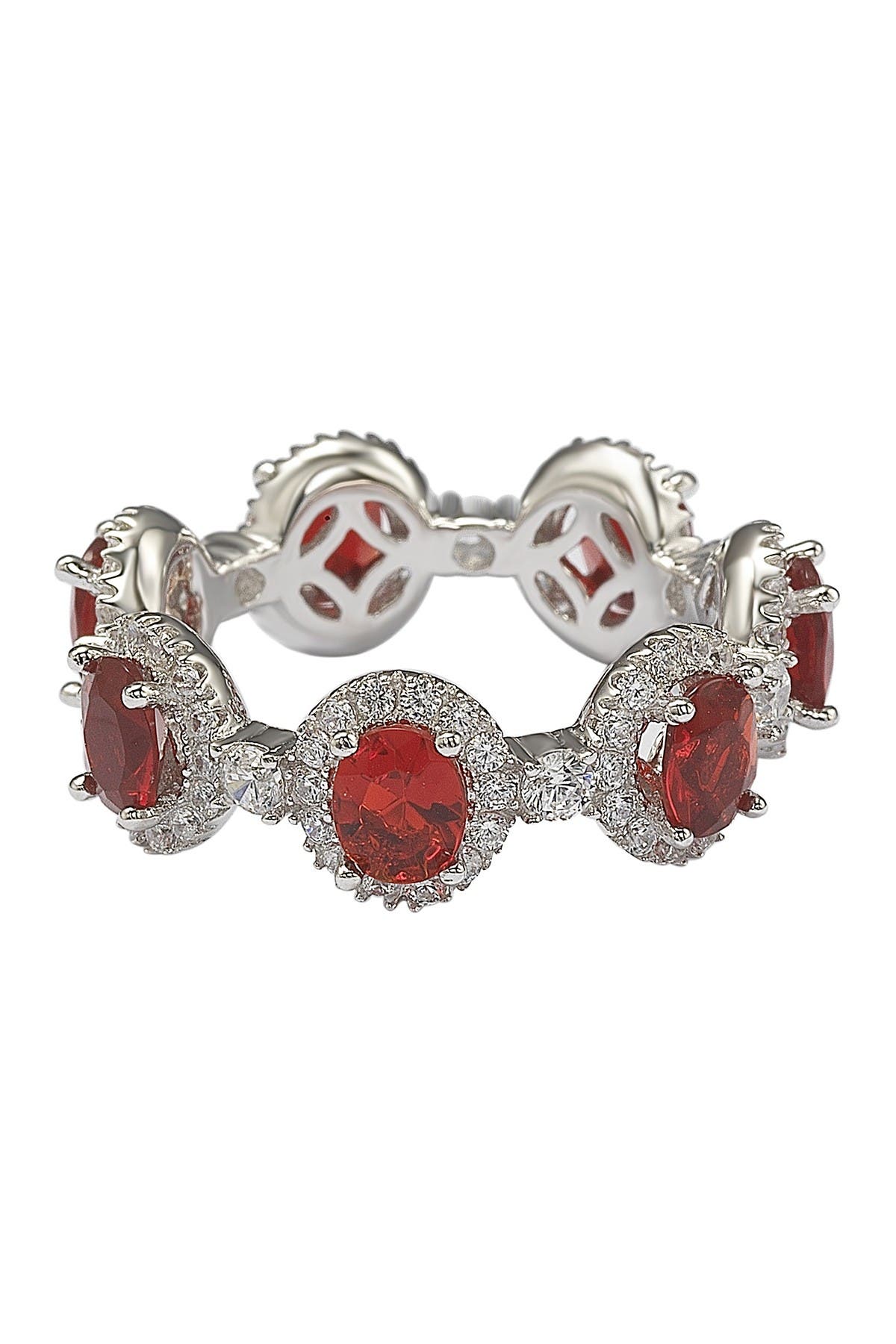 SUZY LEVIAN Sterling Silver Prong Set Red CZ & Pave Halo Station Eternity Band Ring