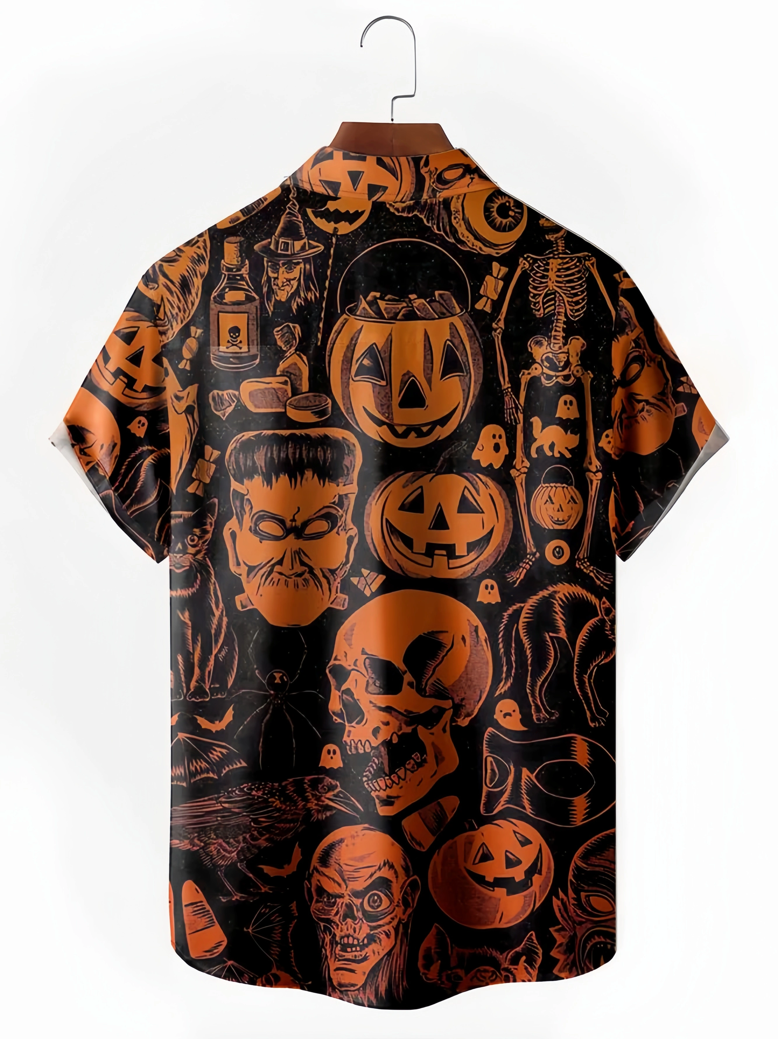 Men's Halloween Print Anti-Wrinkle Moisture Wicking Fabric Fashion Hawaiian Lapel Short Sleeve Shirt