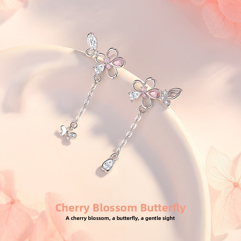 Original cherry blossom butterfly earrings, women’s sterling silver, Korean style, minimalist floral tassel earrings, unique design jewelry
