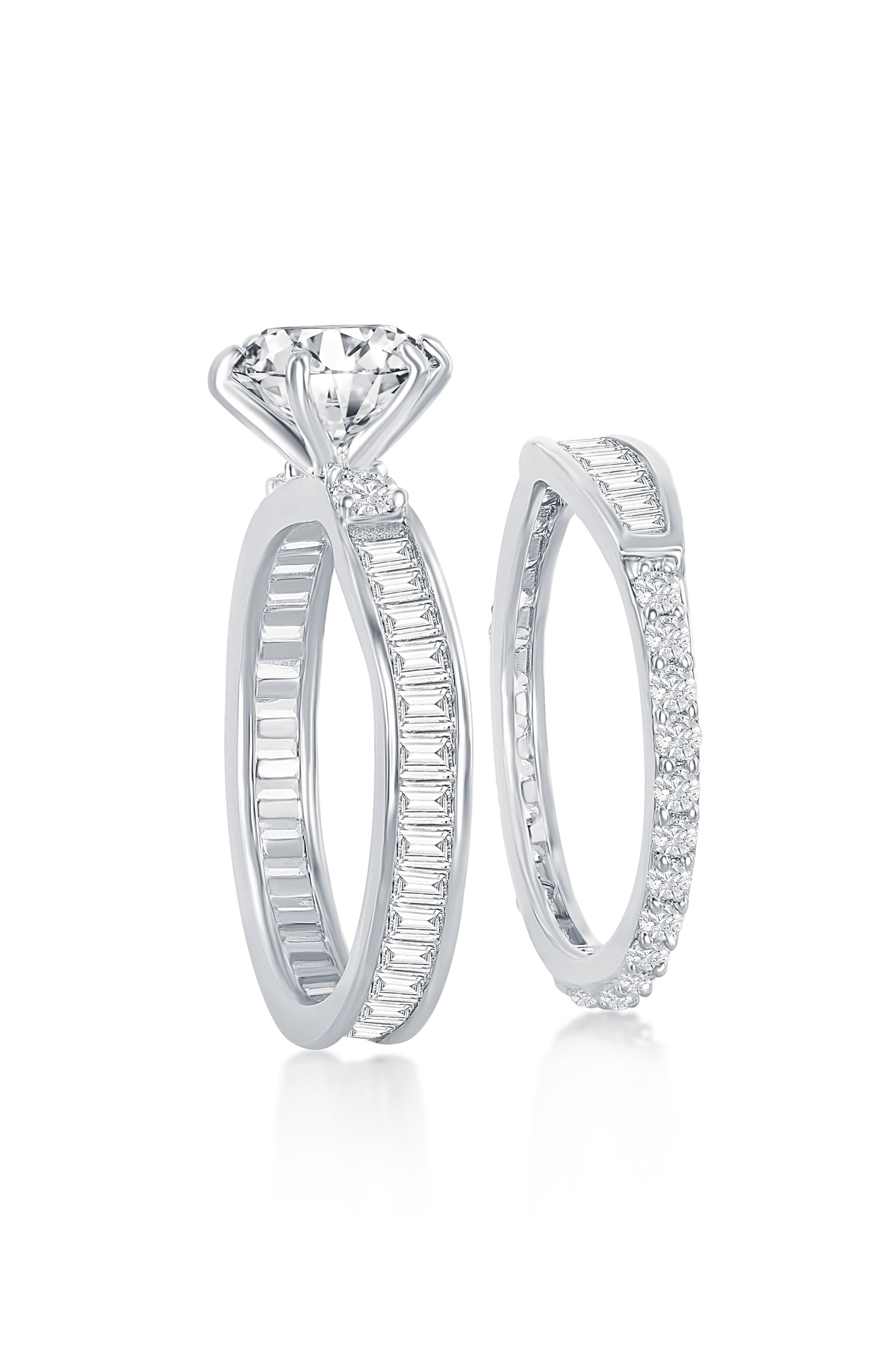 SIMONA Sterling Silver Baguette & Round Cubic Zirconia Engagement Ring Set