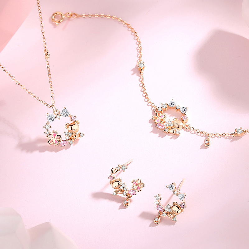 Original design: Bear-themed floral earrings for women, made of pure silver, featuring a delicate and fresh forest-inspired style, perfect for Instagram, and versatile for creating an elegant look