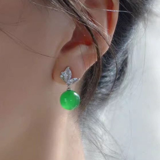 Green chalcedony butterfly earrings for women, simple retro new Chinese style elegant earrings, 925 sterling silver zirconia ear jewelry
