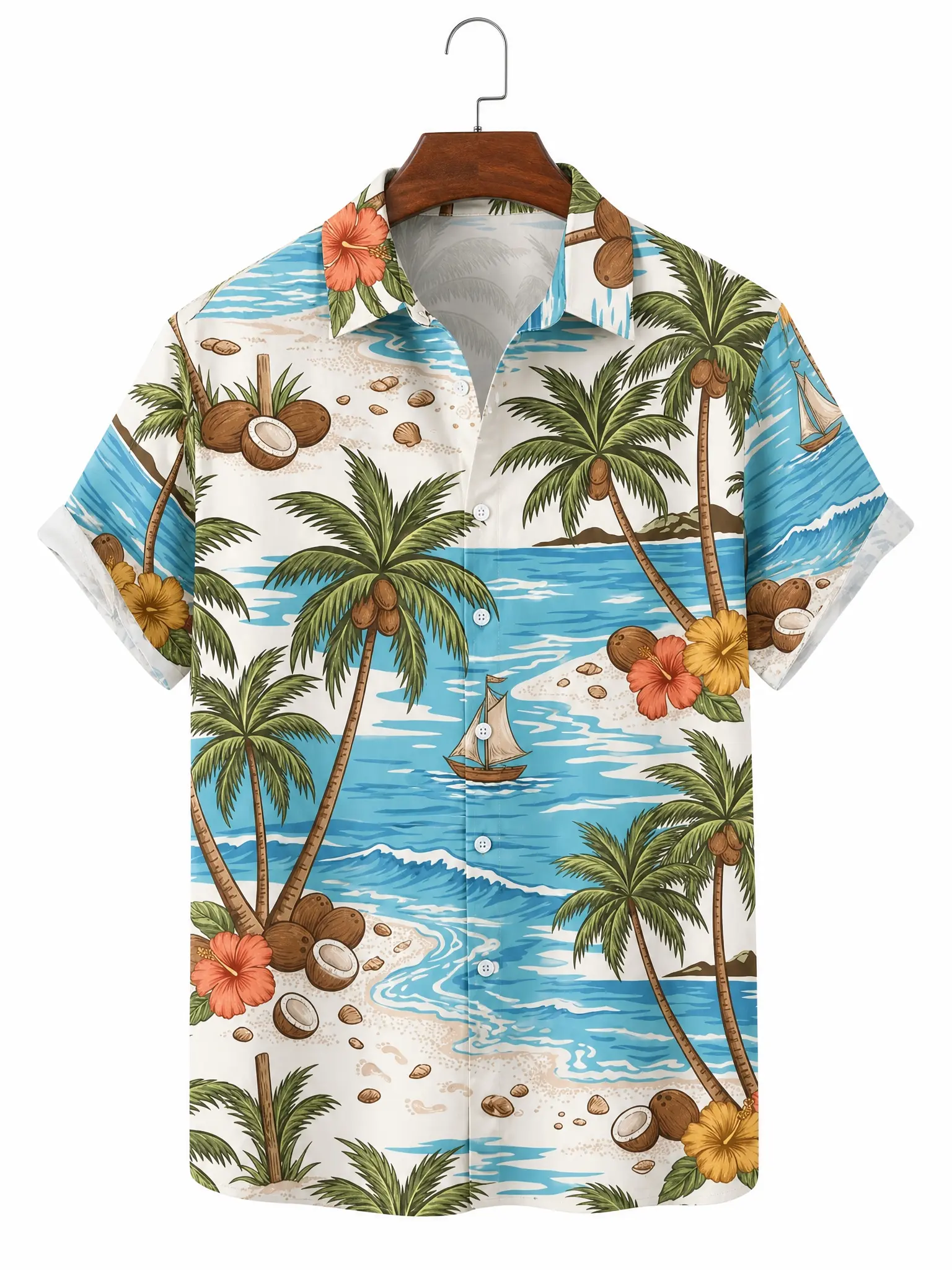 Men's printed shirts Beach Sailboat Palm Tree Aloha Shirt