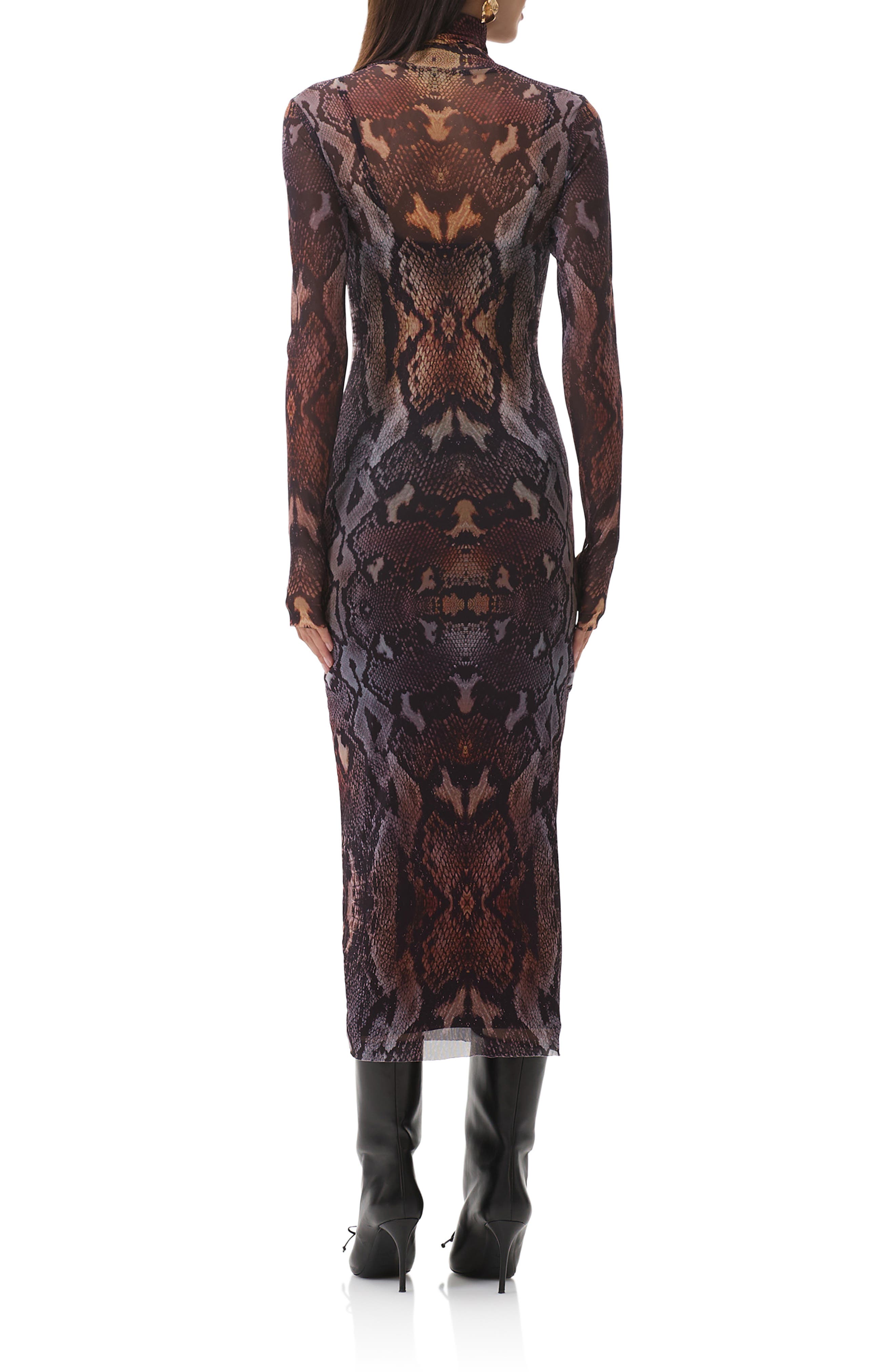 AFRM Shailene Print Long Sleeve Powermesh Body-Con Midi Dress