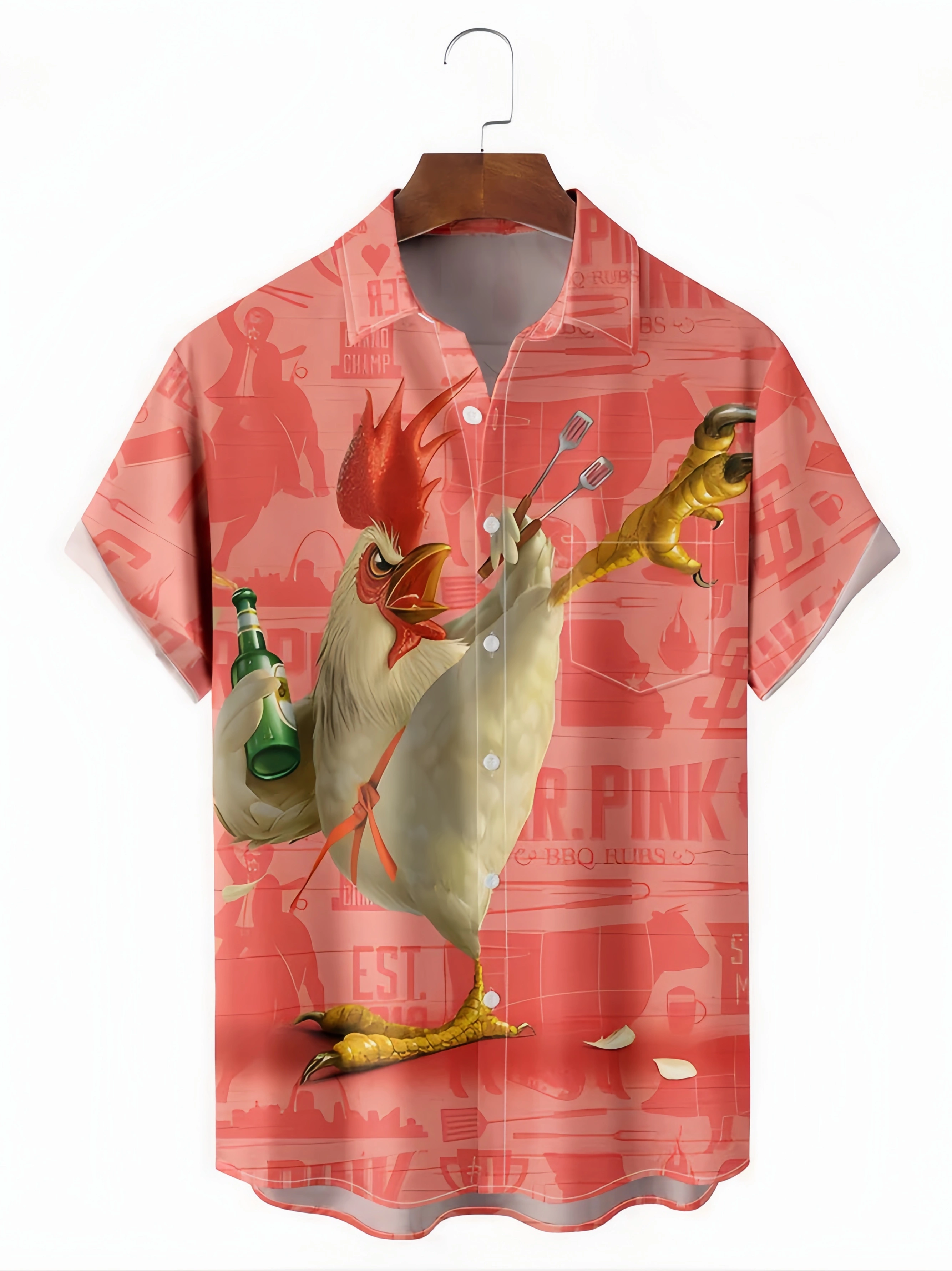 BBQ Rooster Chest Pocket Short Sleeve Casual Shirt
