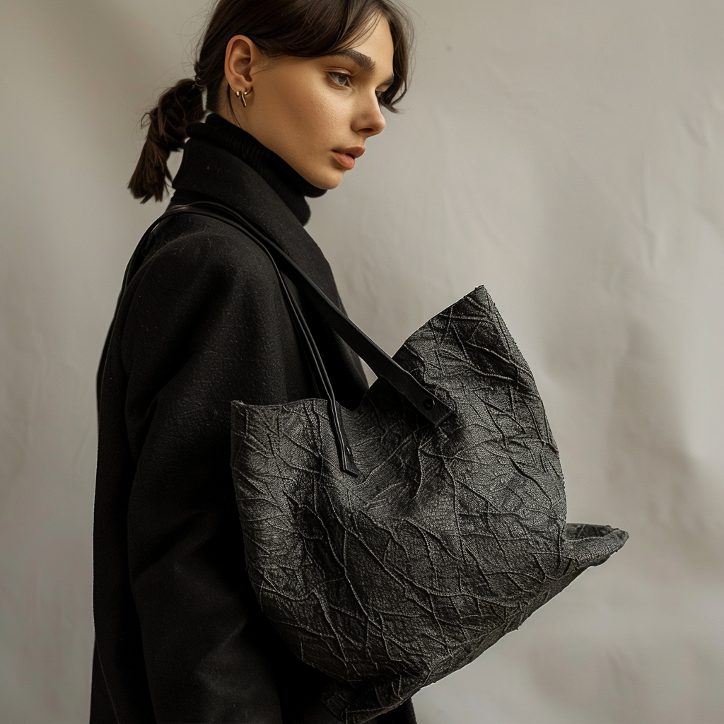 Textured Embroidered Black Tote Bag