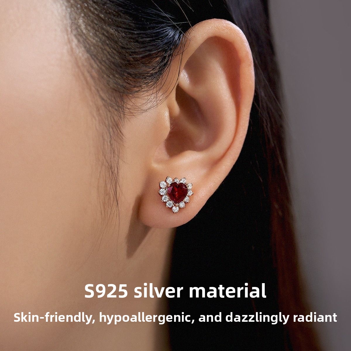 S925 sterling silver heart-shaped red garnet earrings, a trendy and unique design, perfect as a gift for the Qixi Festival, exuding a sophisticated and elegant vibe