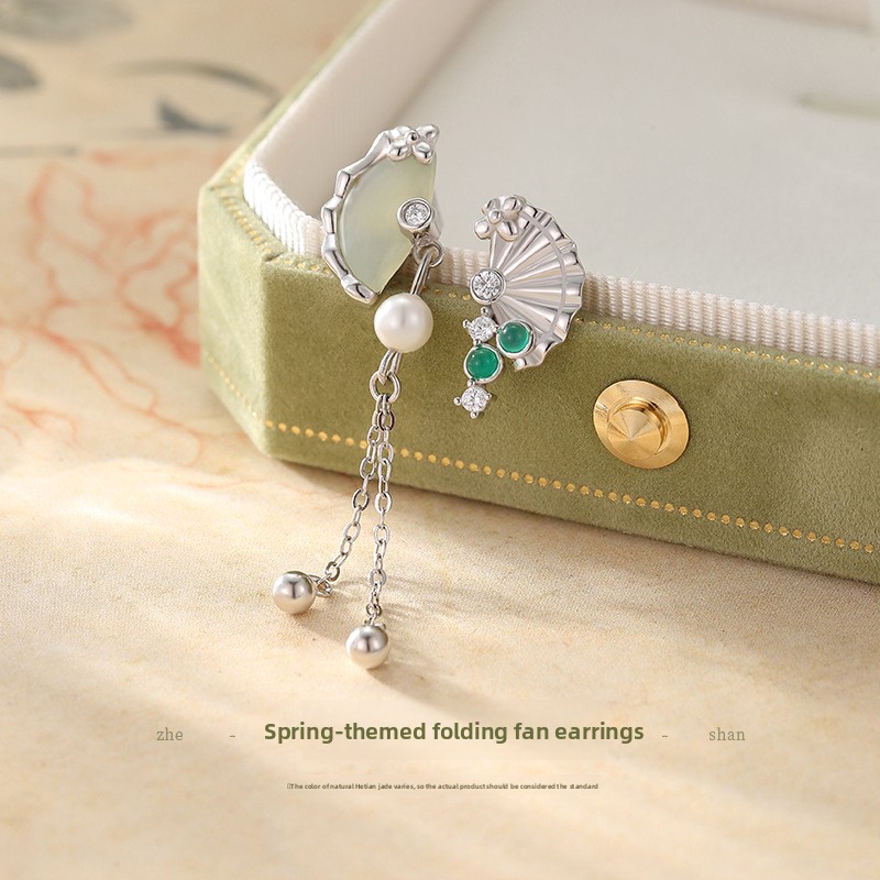Original design, Chinese-style folding fan earrings for women, made of 925 sterling silver, with a retro and elegant aesthetic, featuring Hetian jade, and an asymmetrical design