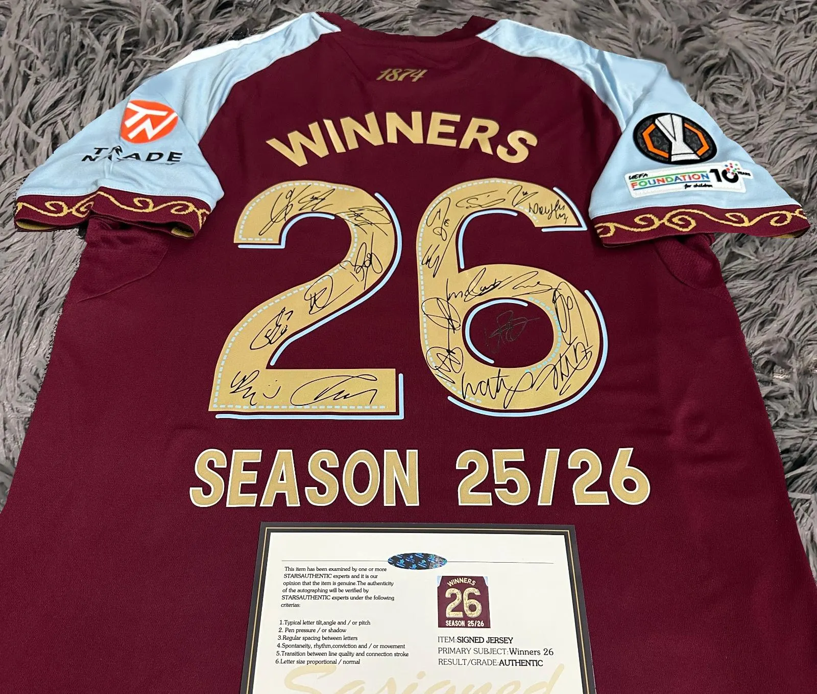 Aston Villa Team SIGNED 25/26 Europa League Winners Shirt Jersey - COA - 2025