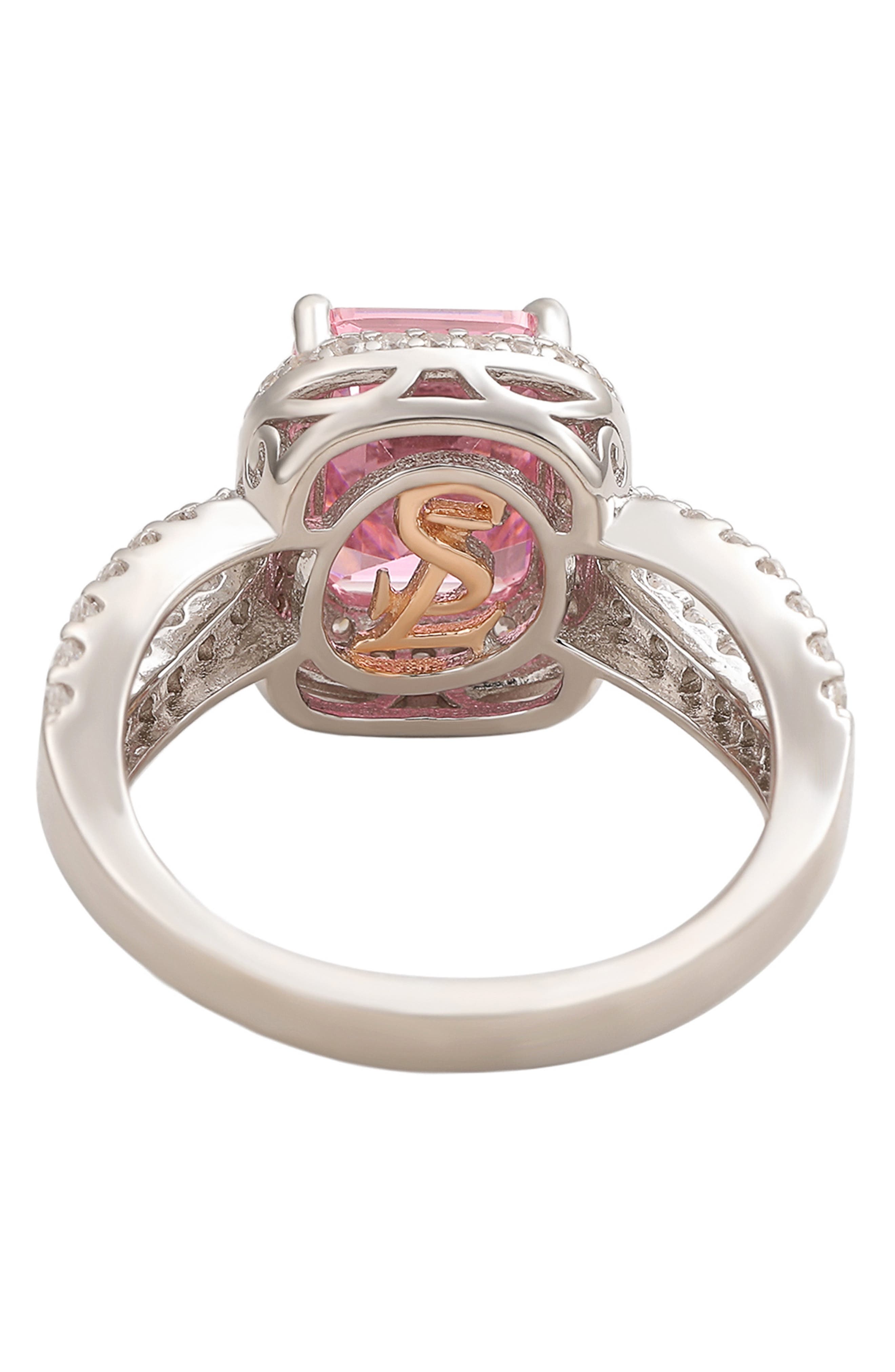 SUZY LEVIAN Sterling Silver Pink Emerald CZ Pavé Halo Ring