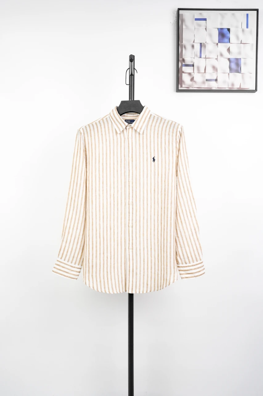 Ralph Lauren Off White Stripe Pony Embroidered Linen Long Sleeve Shirt product photo from LabelPicks