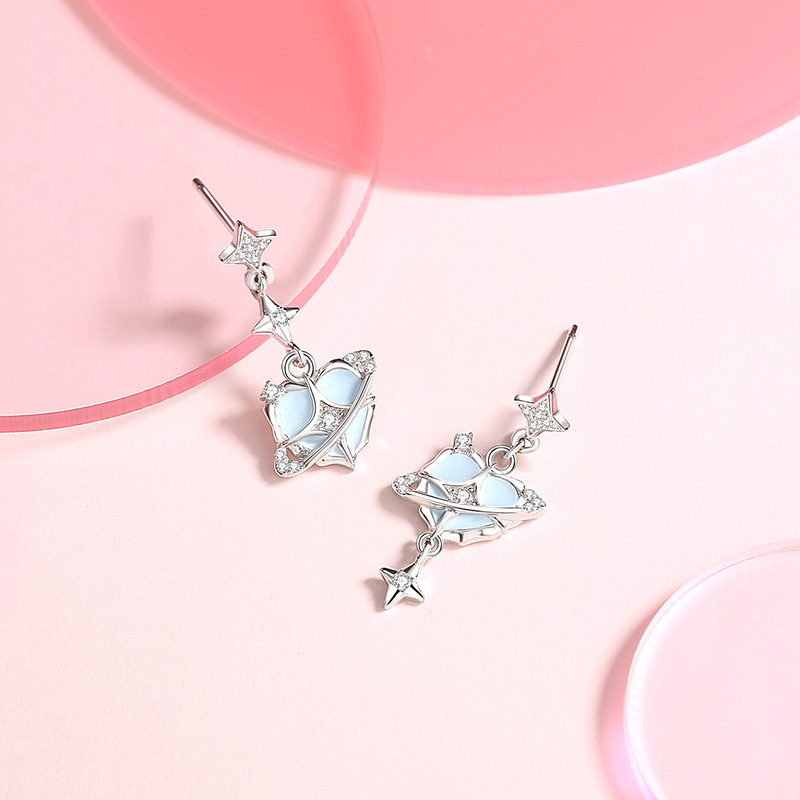 Original Dreamy Star Heart Luminous Earrings for Women, Pure Silver Love Heart Enamel Four-Pointed Star Earrings, Unique Design Ear Accessories