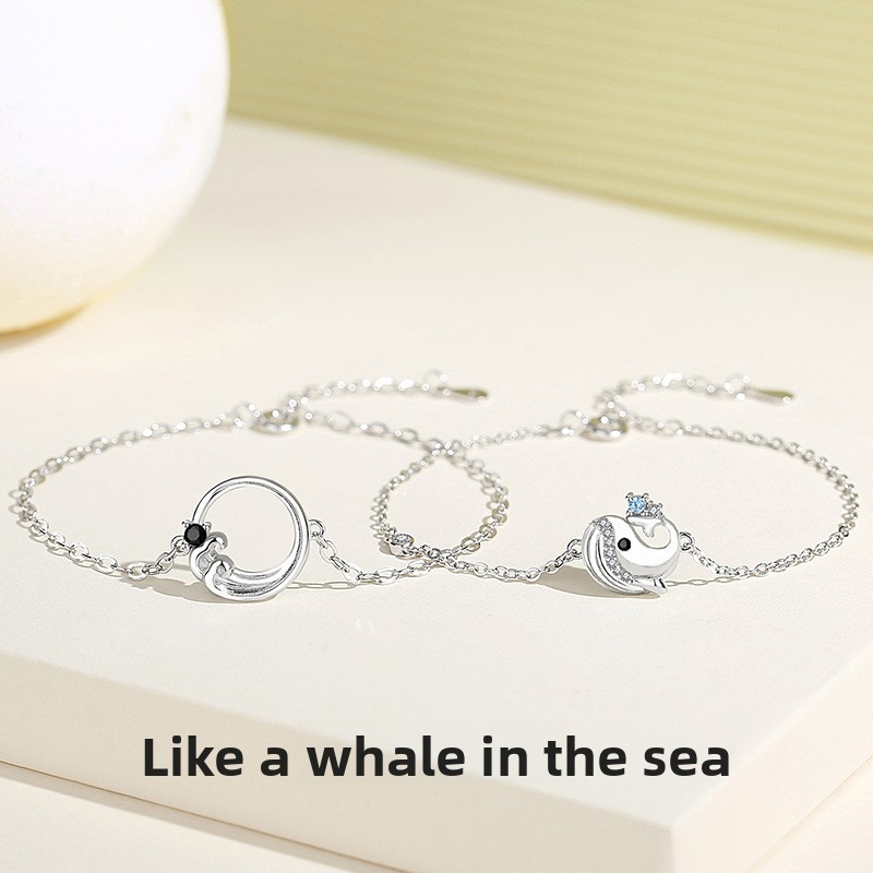 Original Whale-to-Sea Couple Bracelet, 925 Sterling Silver, Unique and Personalized Design, Whale-Shaped Bracelet, Geometric Jewelry