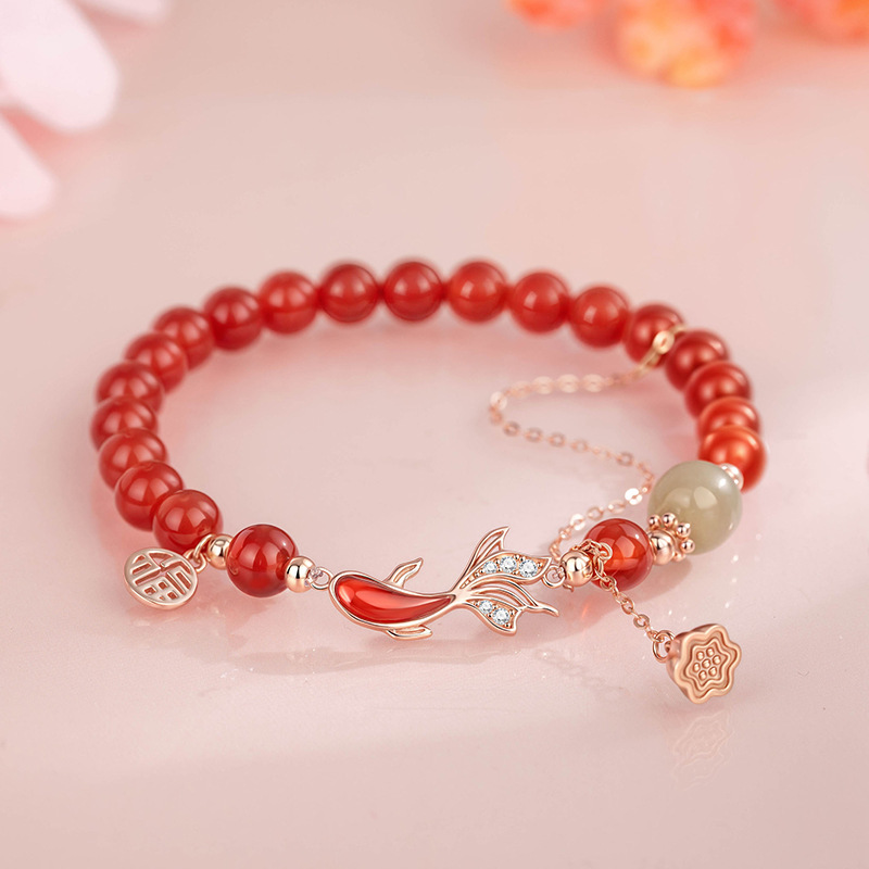 S925 sterling silver lucky koi and Hetian jade bracelet for women, retro Chinese style, new Chinese style red agate bracelet, holiday gift
