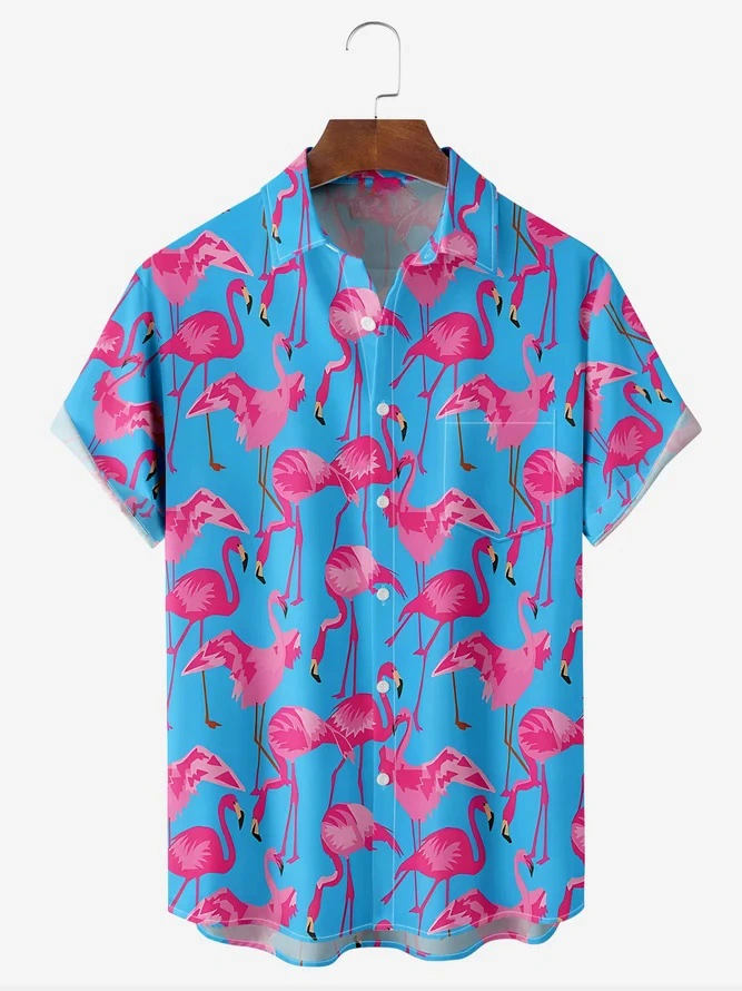Tropical Animal Flamingo Chest Pocket Short Sleeve Hawaiian Shirt