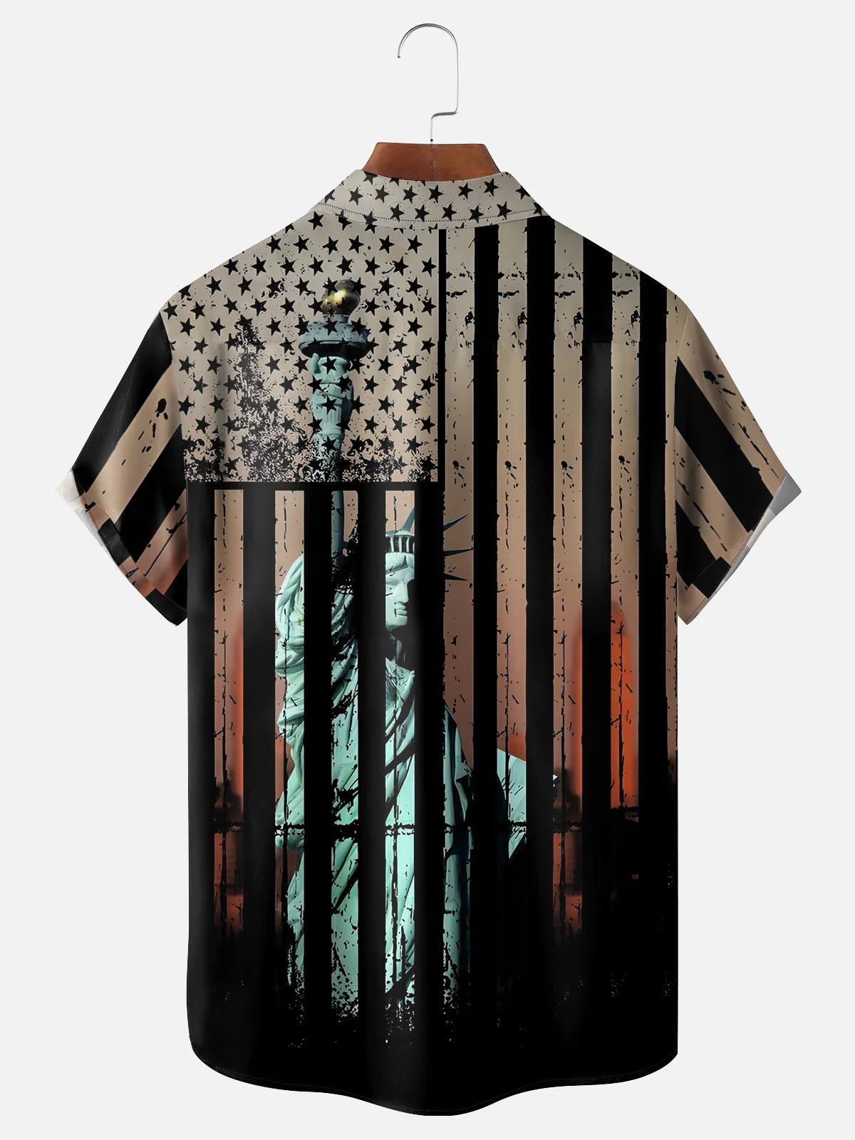 Moisture-wicking Abstract American Flag Lady Liberty Chest Pocket Hawaiian Shirt
