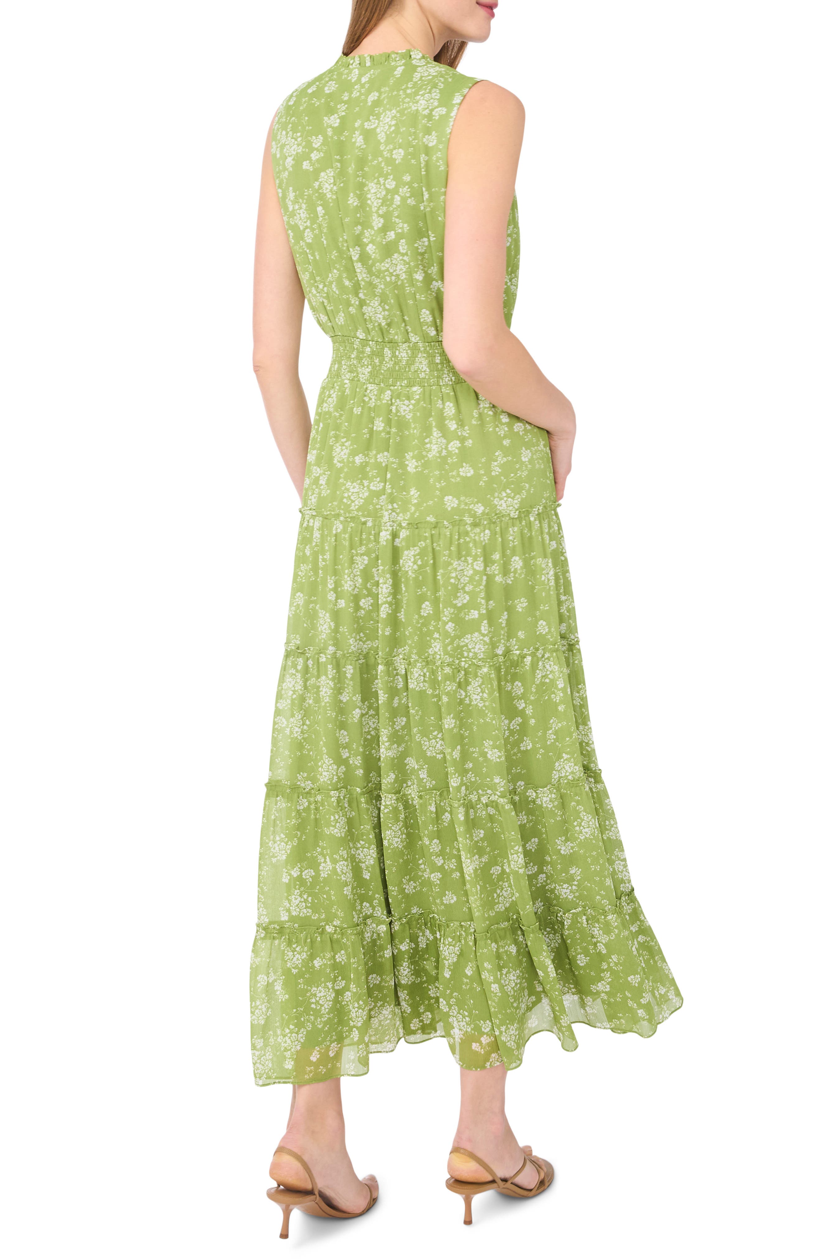 1.STATE Sleeveless Tie Neck Tiered Maxi Dress