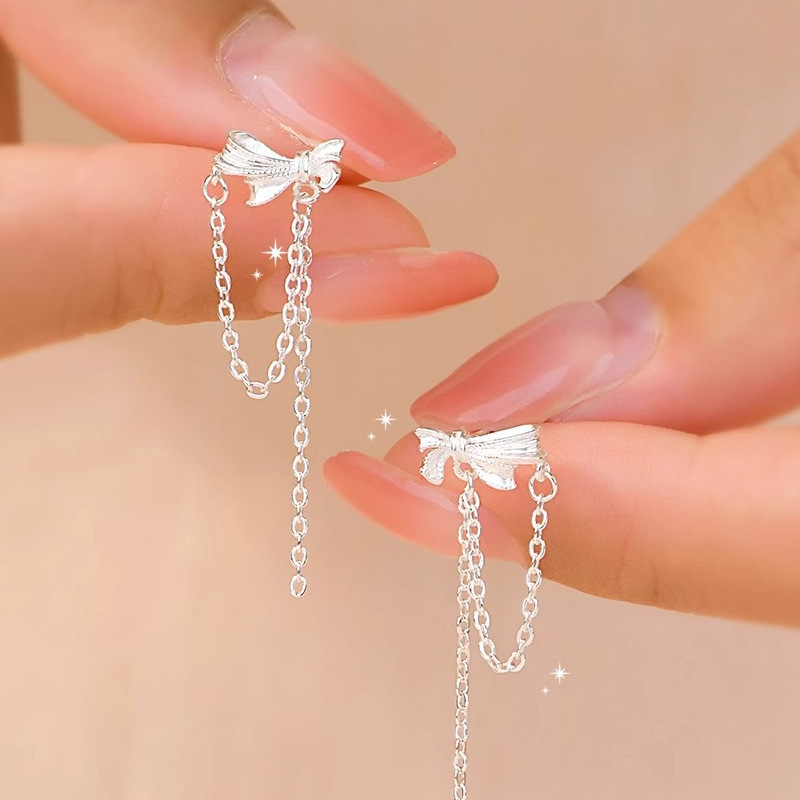 999 pure silver bow tassel chain earrings, a delicate and fresh, pastoral-style accessory, perfect for sweet and stylish girls