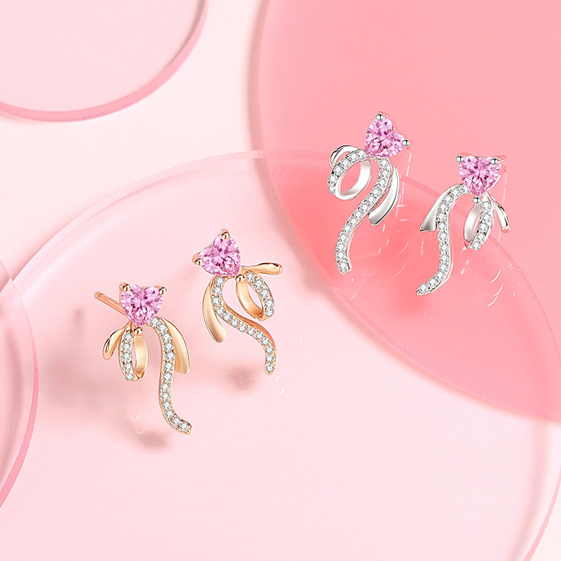 Original dazzling pink zirconium heart-shaped stud earrings for women, sterling silver geometric ribbon bow earrings, heart-shaped earrings, gift for best friends