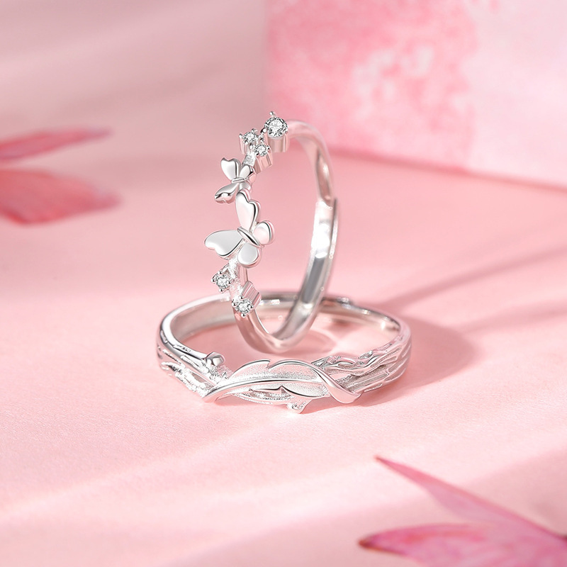 Original design, butterfly-themed couple rings, featuring a unique and understated aesthetic, open-style rings, made of pure silver, a perfect Valentine's Day gift