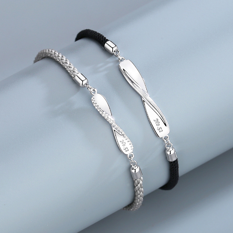 Möbius ring couple bracelets, sterling silver, a pair for men and women, featuring a unique braided design, Korean style, simple, and perfect as a Valentine's Day gift