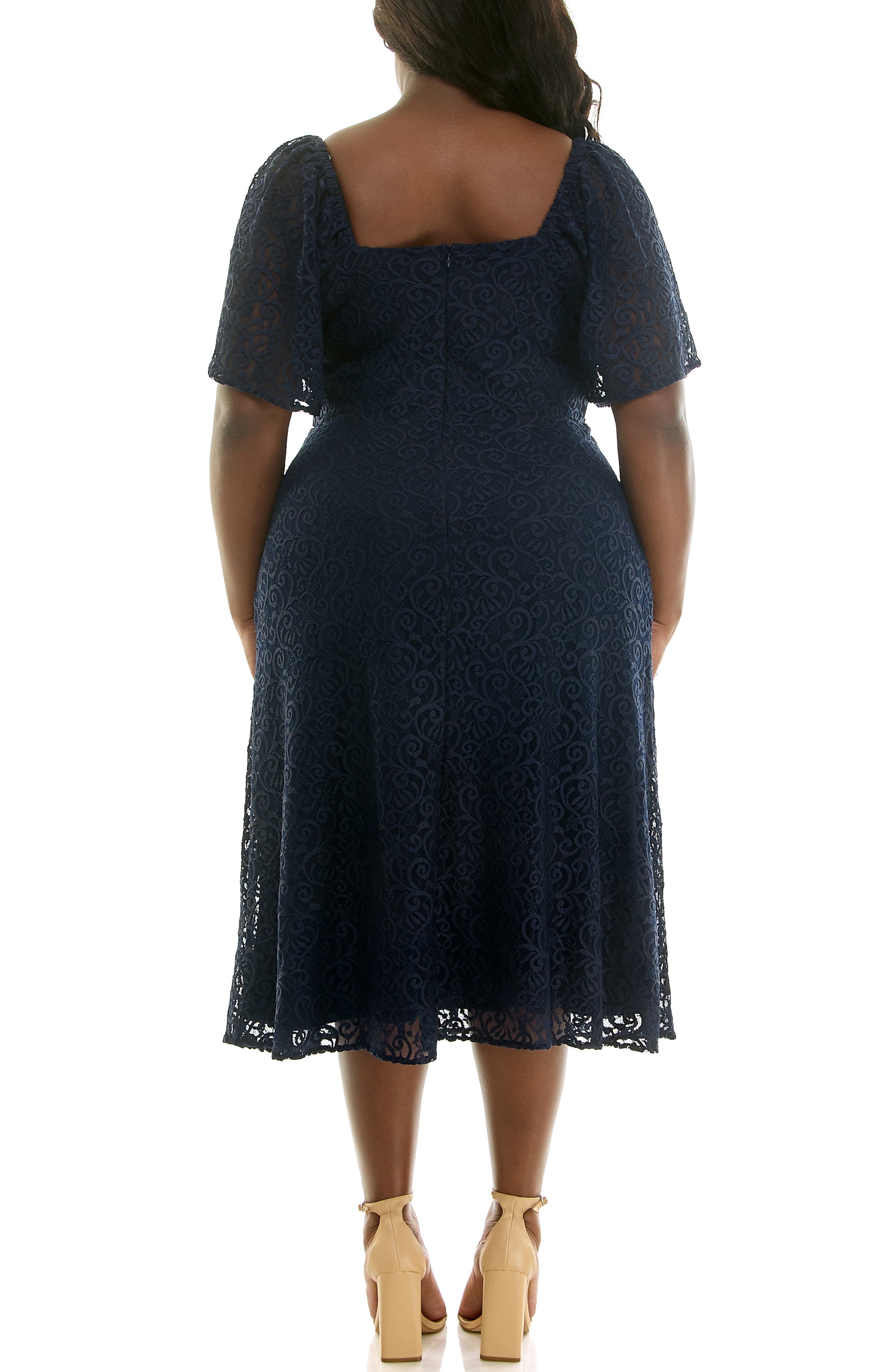 Nina Leonard Lace Flutter Sleeve Midi Dress