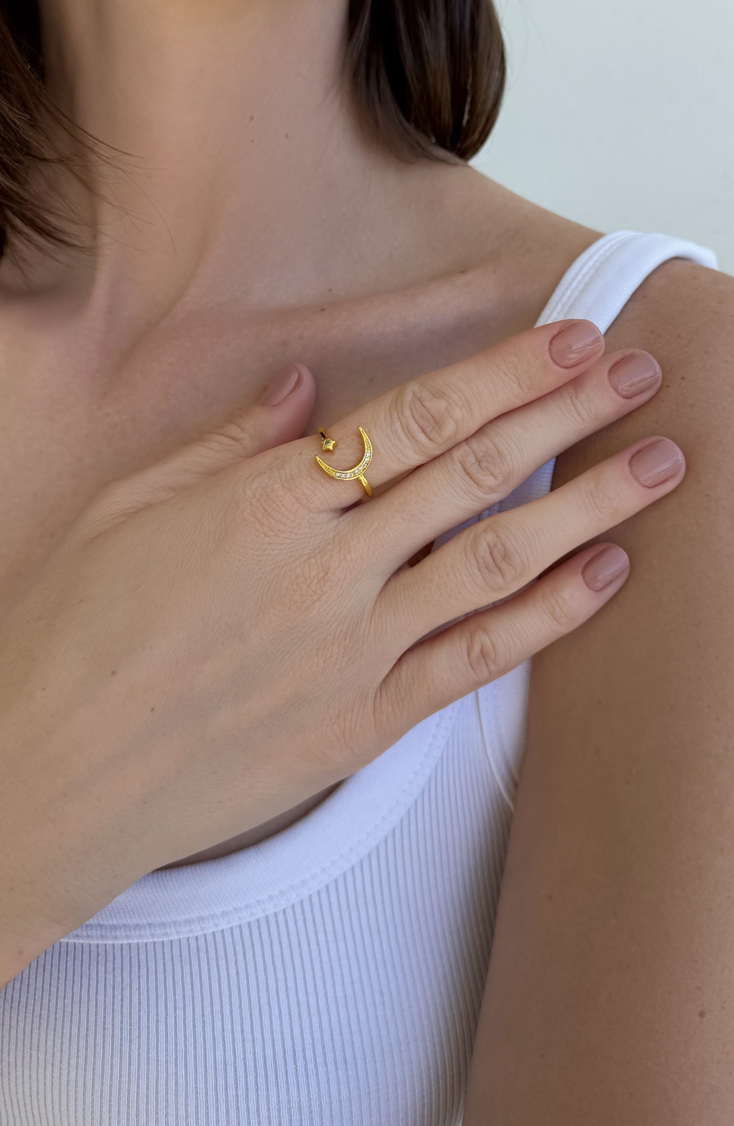 Adornia 14K Gold Plated Cubic Zirconia Moon & Star Open Band Ring