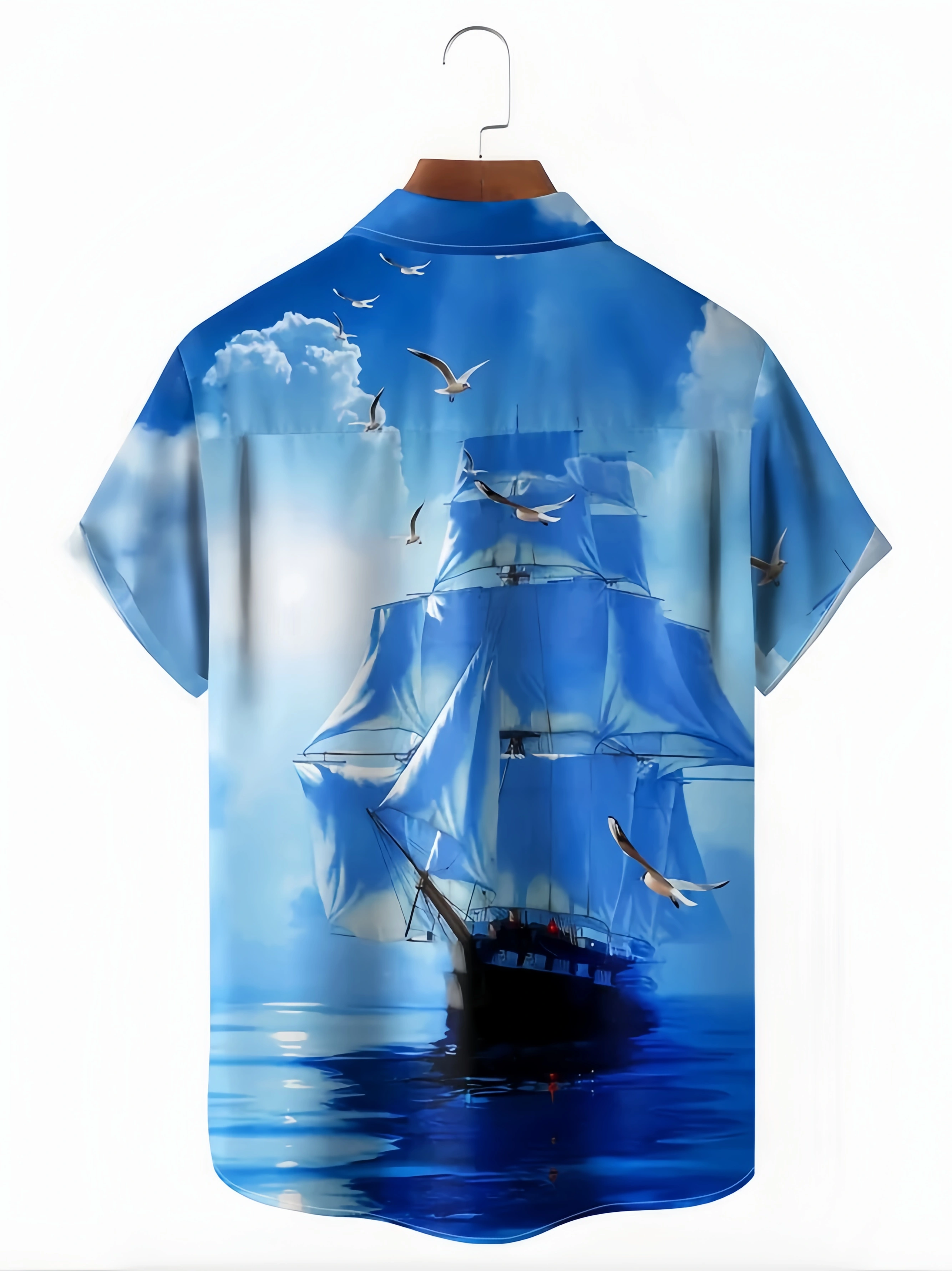 Sailing Boat Chest Pocket Short Sleeve Hawaiian Shirt