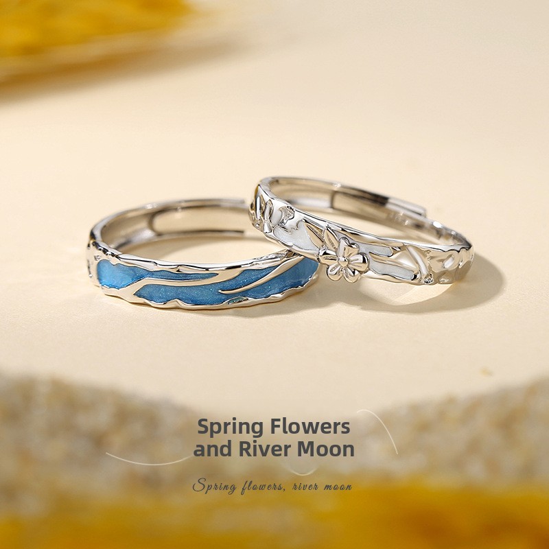 Original Spring Flower and Moon Couple Rings, Unique Design, 925 Sterling Silver Rings, Forest-Style Enamel and Resin Rings, for Men and Women