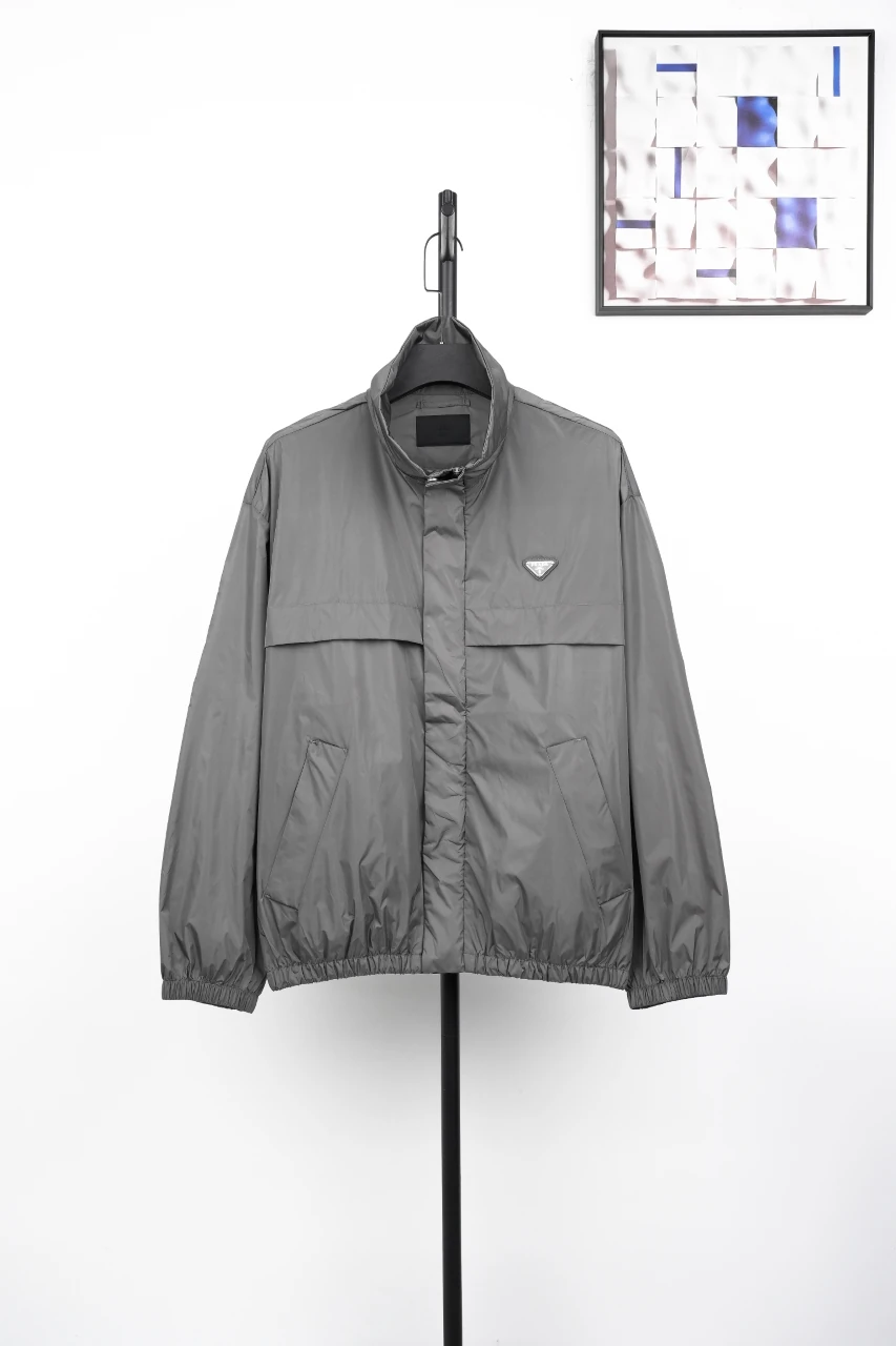 Prada Grey Lightweight Stand-Collar Triangle Logo Jacket product photo from LabelPicks