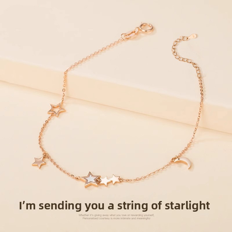 925 sterling silver star and moon bracelet for women, featuring a unique and stylish design, rose gold accents, a minimalist and elegant look, and mother-of-pearl embellishments – a perfect Christmas gift