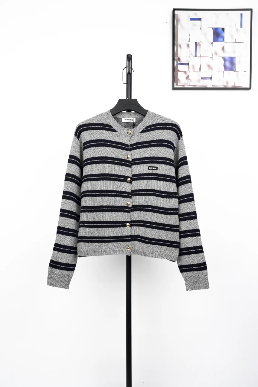 Miu Miu Grey Black Stripe Cashmere Cardigan product photo from LabelPicks