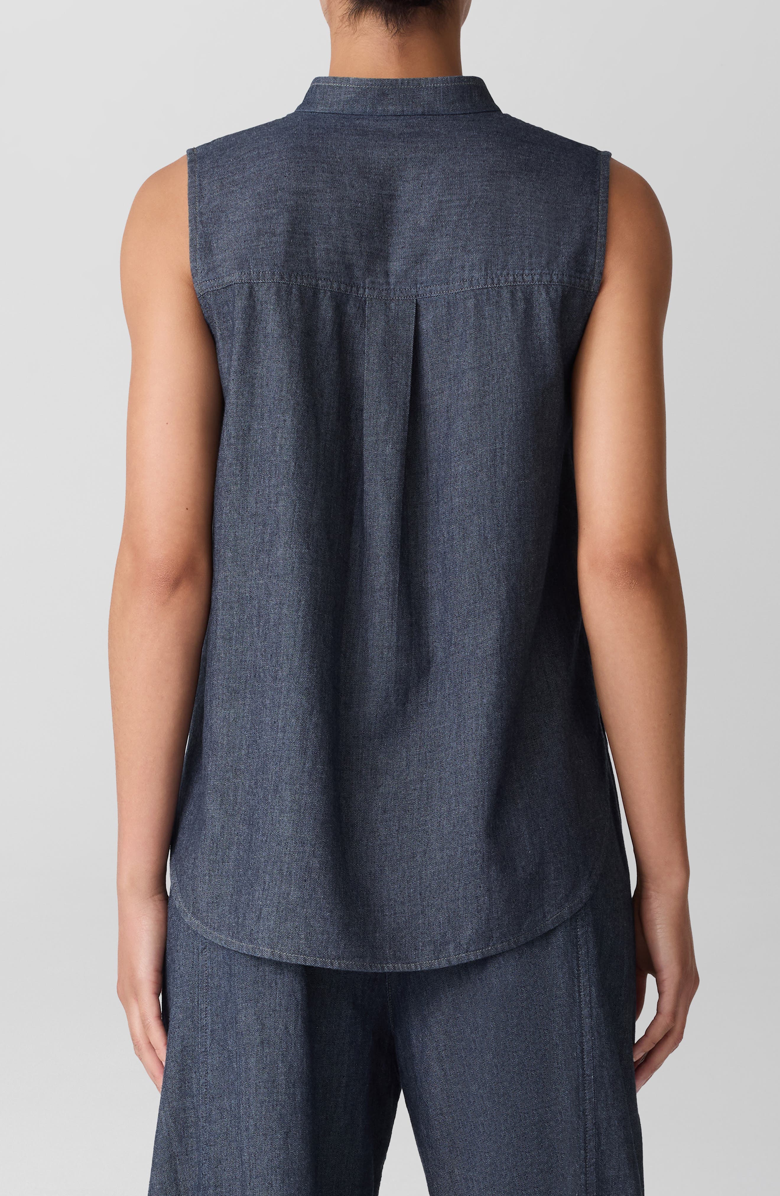 Eileen Fisher Sleeveless Band Collar Chambray Button-Up Shirt