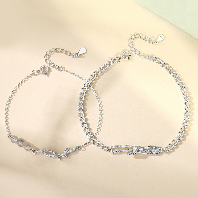 Forest-themed original sterling silver couple bracelets, featuring a unique design, a touch of luxury, and a branch motif, making them popular among online influencers