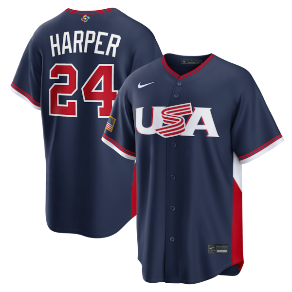 Men's USA Baseball Bryce Harper Nike 2026 World Baseball Classic Road Stadium Jersey - Navy/White
