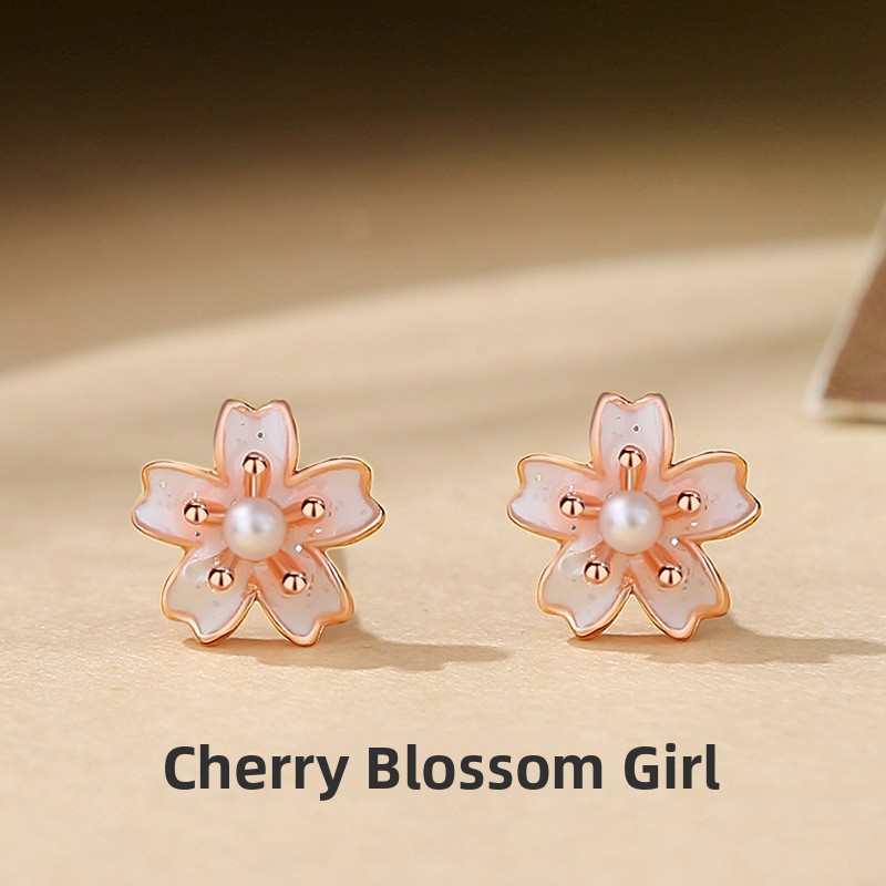 s925 sterling silver cherry blossom earrings for women, forest style, ins style, summer forest style, fresh and elegant, sweet floral earrings