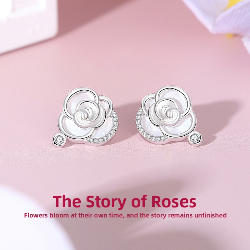 Original Rose Story Earrings, Women's Sterling Silver Floral Earrings with Mother-of-Pearl, Summer French Chic Style Jewelry