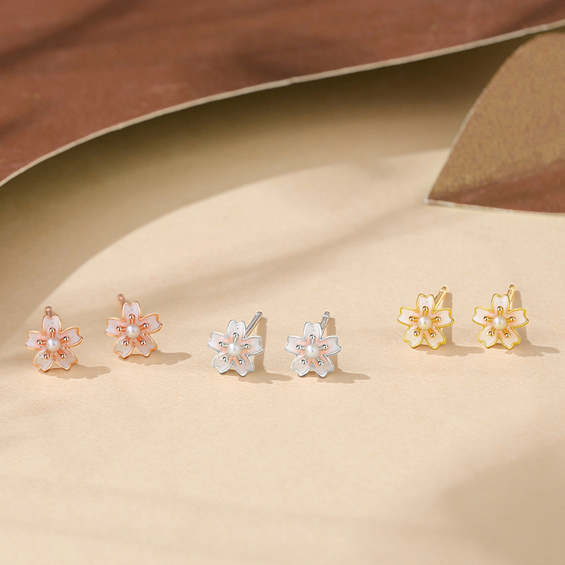 s925 sterling silver cherry blossom earrings for women, forest style, ins style, summer forest style, fresh and elegant, sweet floral earrings