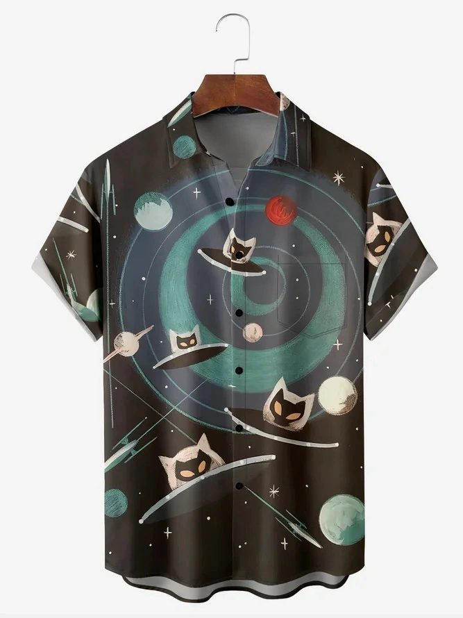 Mid Century Spaceship Cat Chest Pocket Short Sleeve Casual Shirt