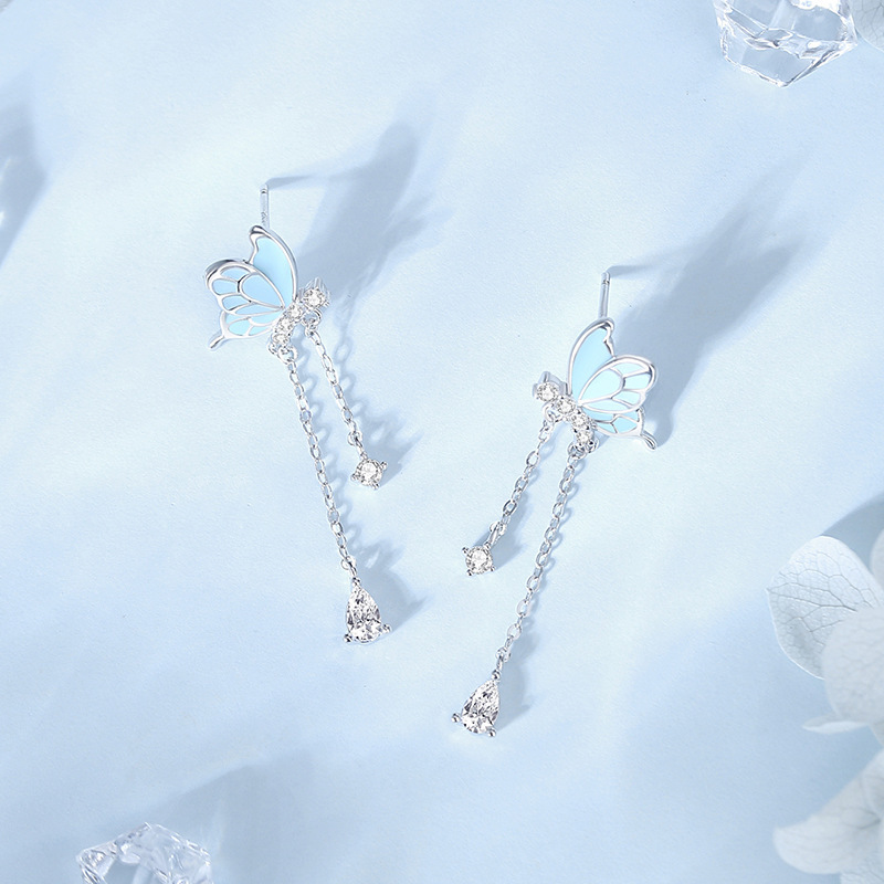 Original butterfly luminous earrings, 925 sterling silver, minimalist and fresh style, long earrings, popular tassel earrings for women