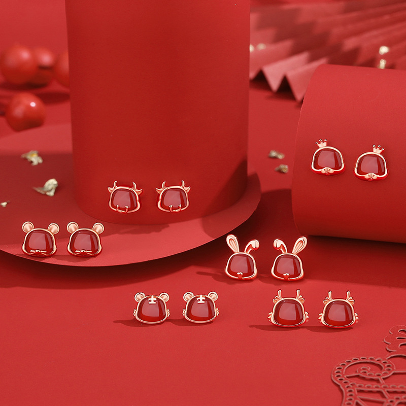 Original Red Agate Fortune Horse Earrings for Women, Pure Silver, Vintage Chinese Style, Zodiac Earrings for the Year of the Horse 2026
