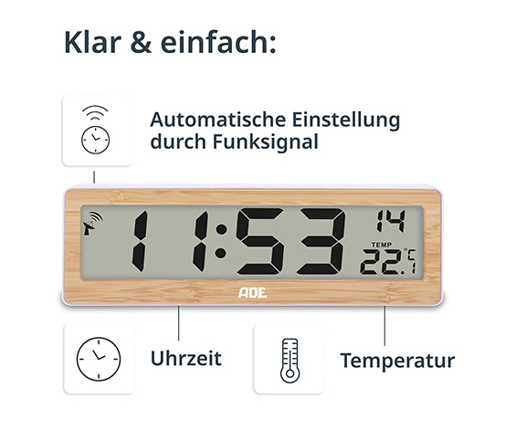 Digitale Funk-Wanduhr mit Temperaturanzeige mit Bambusholz